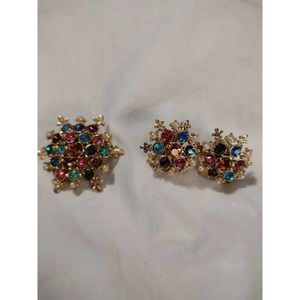 Brooch & Earring Set Non Pierced Earrings EllenChert Colorful Rhinestone